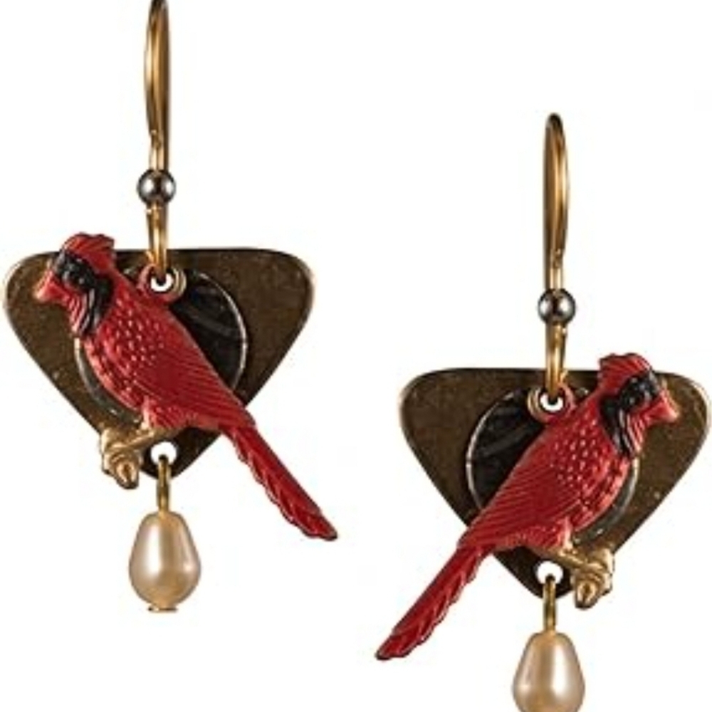 Red Cardinal Bird Dangle Earrings Hammered Gold Tone Triangle Pearl Drop